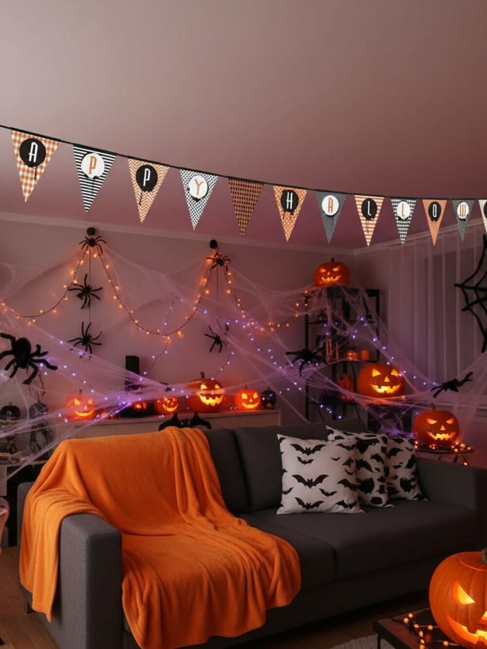 Unique 14ft Happy Halloween Pennant Banner Orange & Black Patterned Flag Garland